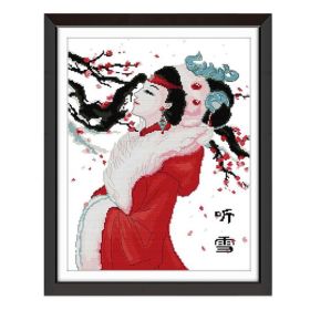 11CT Cross Stitch Kits Listen to Snow Pre-Printed Embroidery Kits Chinese Ancient Beauty and Plum Blossom,17x21 inch