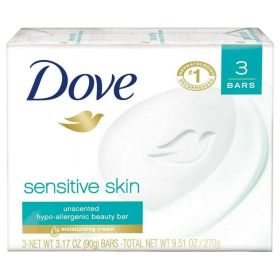 Dove Beauty Bar More Moisturizing Than Bar Soap Sensitive Skin With Gentle Cleanser for Softer Skin, Fragrance Free, Hypoallergenic 3.17 oz, 3 Bars